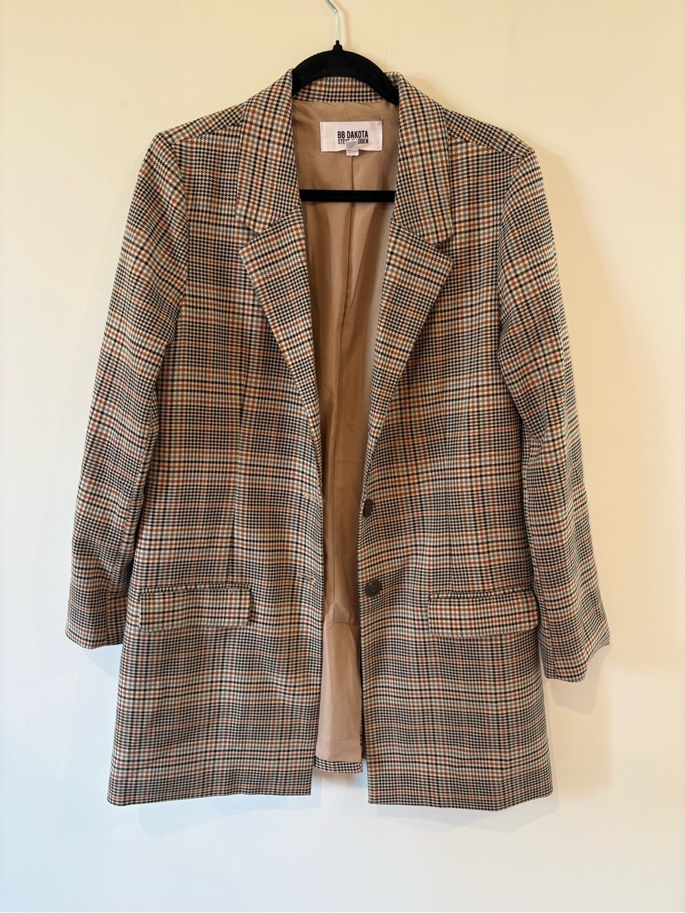 BB Dakota Plaid Long Blazer in Tan, Black, Cream